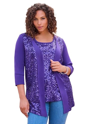 Roaman's Women's Plus Size Sequin-Panelled Tank & Cardigan Set