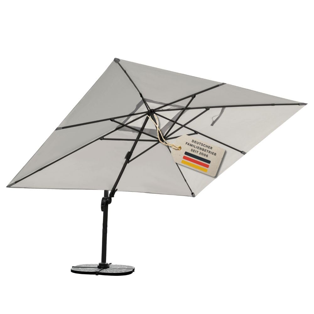 RS Trade Sonnenschirm Ampelschirm 3x4m groß rechteckig, mit Windsicherung, Ständer und Schutzhülle, drehbar neigbar kippbar mit Kurbel, windstabil für Garten Terrasse Balkon Gastronomie, hellgrau