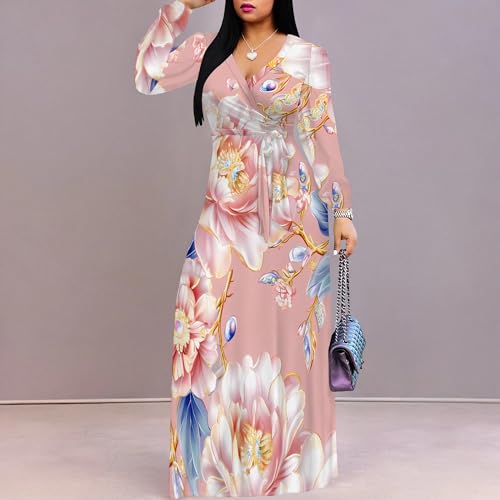 Image of Women Maxi Dresses Church Dress Floral Bohemian Long Sleeve Formal Wrap Boho Wedding Guest Pink Spring Clothes 2026