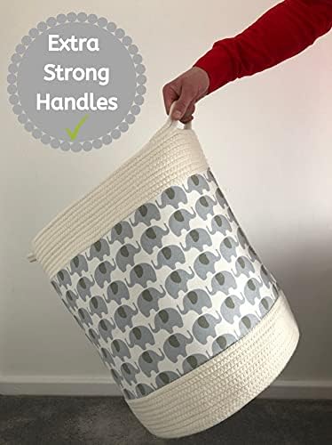 Babycurls Large Cotton Woven Rope Nursery Laundry Basket With Handles - Tall Washing Basket for Baby Nursery Room Storage for Blanket in Living Room Toy Basket (Elephant Love)