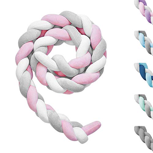 Paracolpi Lettino Neonato Paraurti Cuscino Prottege Testa Bambino Paracolpi Culla Nido Intrecciato Culla 2M Bianco+Grigio+Rosa