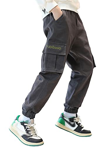 Kid Boys Casual Cargo Jogger Pants Elastic Waist Cotton Twill Jogging Trousers Bottom with Drawstring 5-15Years