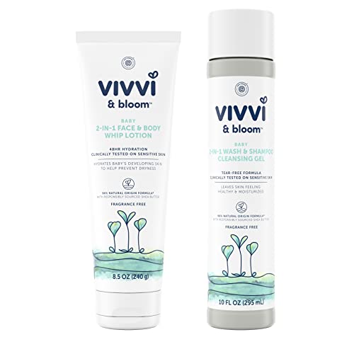 Image of Vivvi & Bloom Gentle 2-in-1 Baby Wash & Shampoo Cleansing Gel, Fragrance-Free, 10 fl. Oz with Vivvi & Bloom Gentle 2-in-1 Baby Face & Body Whip Lotion, Hypoallergenic, 8.5 oz