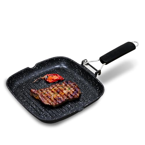 briebe Black Titanium Grill Steakhouse Strisce, Induzione, Antiaderente Titanio, Padella Ferro da stiro, 20 x 20 cm, Alluminio pressofuso senza PFOA, Manico pieghevole, adatto piano cottura, gas