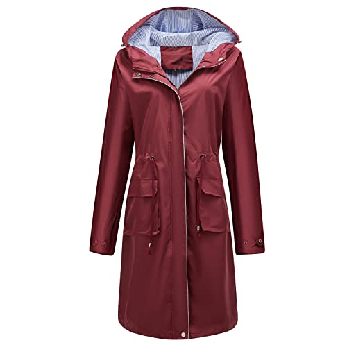 Homgro Women's Hooded Rain Jacket Long Waterproof Raincoat Ladies Fashion Casual Full Zip Anorak Spring Fall Jackets Knee Length Midi Windbreaker Pockets Burgundy Large