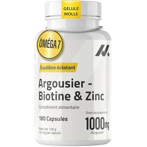 Argousier avec Biotine Ultra (5 000 µg) et Zinc – 180 Capsules Molles | Haute Concentration : 1000 mg d’Huile d’Argousier avec Oméga-7 Naturel | Peau,...