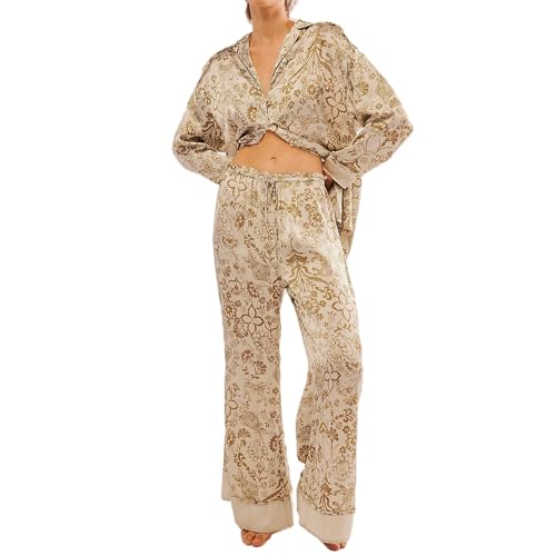 Image of Women Satin Pajama Set Floral Silk Pajamas 2 Piece Lounge Sets Button Down Shirts Wide Leg Pants Pjs Sleepwear