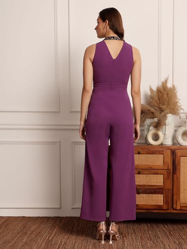 Image of Miss Chase Womens Halter Neck Sleeveless Embellished Regular-Length Jumpsuit