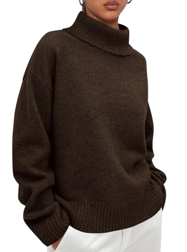 PRETTYGARDEN Womens Turtleneck Long Sleeve Sweater 2025 Fall Trendy Loose Fit Casual Tops Chunky Knit Pullover Sweaters (Brown,Large)