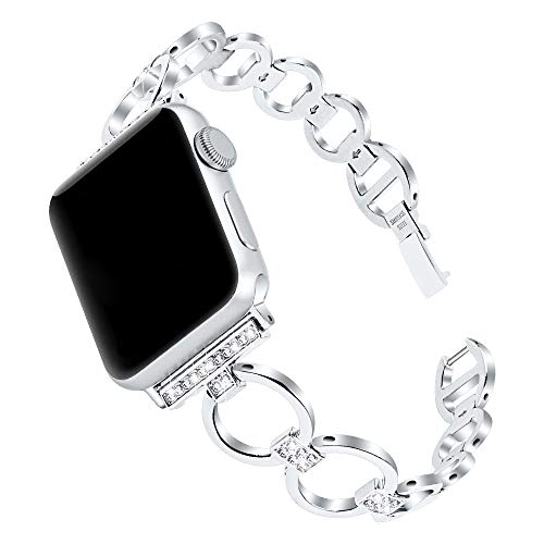 COKOO Compatible with Apple Watch Band 6 5 4 3 2 1 SE, Women Watch Stainless Steel Strap Wrist Band by Crystal Bracelet 44mm 40mm 42mm 38mm Wristband Strap, Compatible with iWatch Belt (silver, 42/44mm)