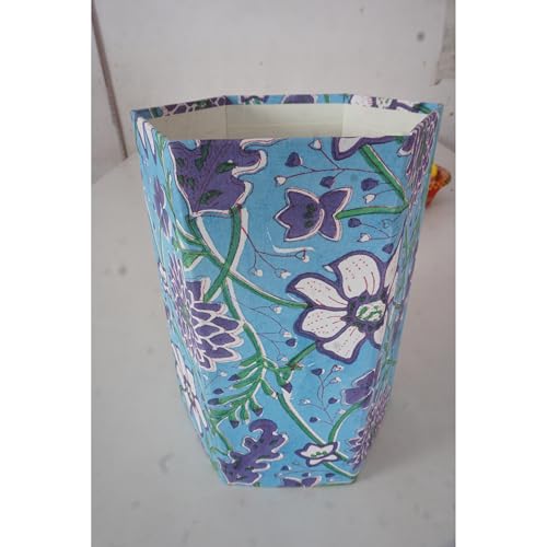 Image of Floral Hand Block Printed 3.3 Gallon Decorative Waste Basket - Eco-Friendly Cardboard Trash Can, Plastic-Free & Sustainable, Perfect for Christmas and Housewarming Gifts (1, Green Sky Blue FLOWAR)