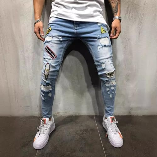 Jeans Pants Trouser Denim Tight Piercing Street Trendy Badge Embroidered Micro Elastic Slimming Small Leg for Men4