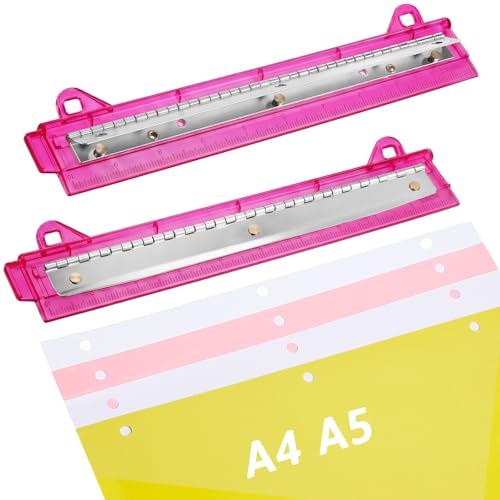 Image of 2 Pcs 3 Hole Puncher for Binder Portable 3 Hole Puncher for Ring Binders with 10 inch Ruler 5 Sheets Capacity for Office and School Supplies (Rose-red)