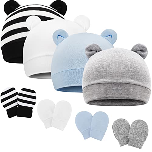 Image of AQOKKA Newborn Baby Hats and Mittens Newborn Hats for Boys Infant Beanie Caps Mittens for Newborn Baby Boy Essentials