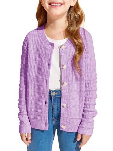 Image of Haloumoning Girls Button Down Cardigan Jackets Kids Long Sleeve Cable Knit Sweaters 5-14 Years Purple