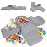 COSTWAY 5PCS Parcours Motricité Bébé en Mousse avec Piscine à Balles, Module Motricité Bébé avec Housse en Sherpa Lavable, Jouets Éducatifs pour Ramper Grimper pour 3 Ans+, sans Balles