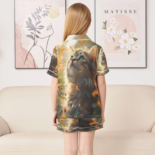 ALAZA Beautiful Butterfly Cat Kitten Flower Satin Pajamas Set Short Sleeve Button Down Sleepwear Summer Pjs 2 Piece4