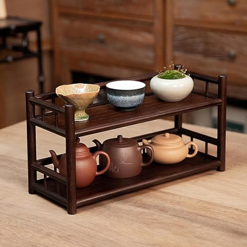 Soporte para tazas de café de madera de 2 niveles para mostrador, organizador de tazas de té vintage con valla, estante de especias y altar para el hogar, sala de estar y oficina