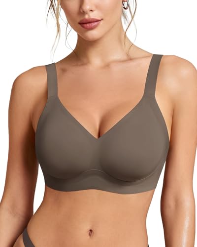 HORISUN Seamless Bras for Women Sexy V Neck Supportive Bralette Comfortable Full Coverage Bra No Underwire (Coffee S-P)
