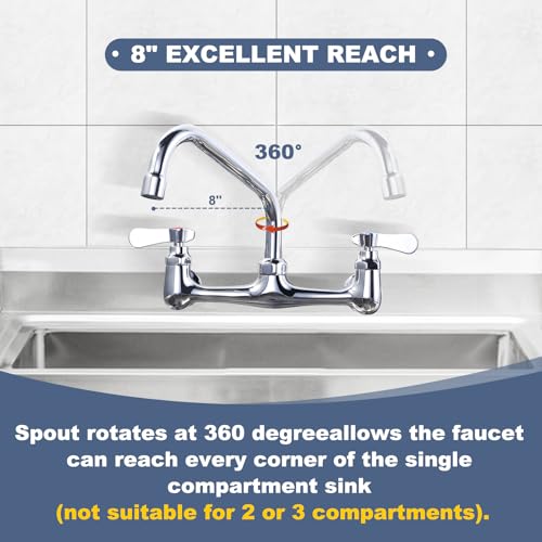 iVIGA Commercial Sink Faucet with 8” Swivel Spout, 8\" Center Wall Mount Kitchen Faucet, Dual Handles Brass Utility Sink Faucet for Laundry Room Restaurant Compartment Sink, Polish Chrome - Thumbnail 2
