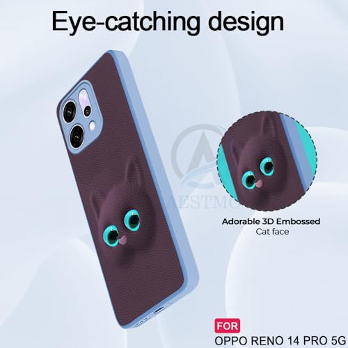 Image of AESTMO Back Case Cover for Oppo Reno 14 Pro 5G Back Cover | 3D Cat Cover | Leather Finish | Full Body Protection | Camera Protection Back Cover for Oppo Reno 14 Pro 5G (Purple)