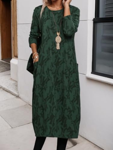 Women's Vintage Boho Ethnic Long Sleeve Maxi Dress Fall Casual Crewneck Long Tshirt Dress with Pockets2