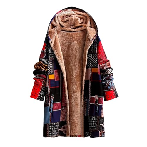 Generisch Winterjacke Damen Lang Warm Gefüttert Wintermantel Teddyfleece Mit Kapuze Trachten Damen-Jacken Winter Dicke Teddyjacke Mit Knöpfen Casual Hoodie Übergangsjacke Flauschig Mantel