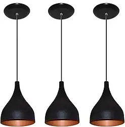 Kit 3 Lustres Luminaria Pendente Modelo Funil - Ideal para balcão cozinha americana, bancada (Preto com Cobre)