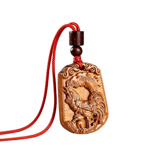 PAMTIER Chinese Zodiac Necklaces for Men Wooden Pendant Cord Red-Rooster