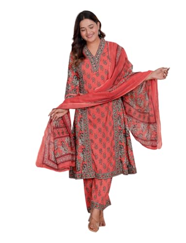 Image of Women's Cotton Printed Straight Kurti With Pant and Dupatta Set (PEACH)