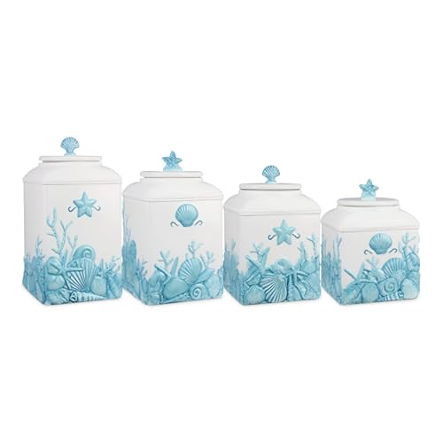 Young's Inc. 4 Pcs Set Blue Lagoon Nautical Ceramic Canisters- Storage Container for Kitchen and Bathroom - Beautiful Home Decor Accent to Store Food, Coffee, Tea, and More - White, Blue