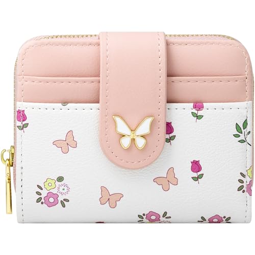Image of BIAOTIE Wallet for Women Cute Floral Flower Wallet RFID Credit Card Holder Purse Small Bifold Zipper Coin Pocket Purse with ID Windows (Butterfly Pink)