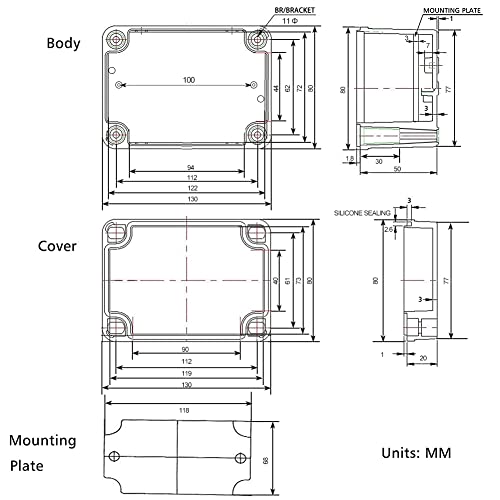 Airic Small Watertight Project Box Electrical Outdoor Enclosure Plastic, 5.1"X3.1"X2.8" (1308070Mm) Abs Ip67 Electronics Projects Junction Waterproof Case, With Mounting Plate And 2 Pg7 Glands #TOP4