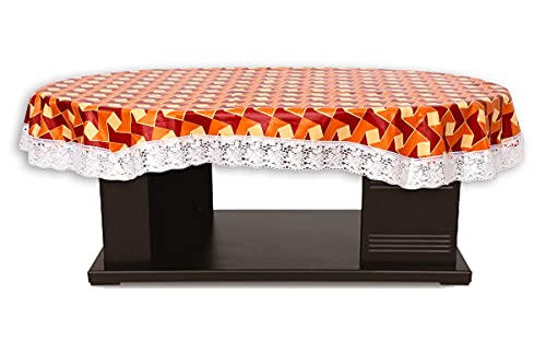 Image of The Furnishing Tree Waterproof PVC Oval Shaped Center Table Cover WxL 40x60 inches Frieze Pattern Orange with White Border lace