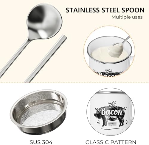 PGYARD Mini Bacon Grease Container With Strainer - 15OZ Enamel Grease Saver, Farmhouse Bacon Grease Keeper For Kitchen Fat Storage, Dishwasher Safe-White