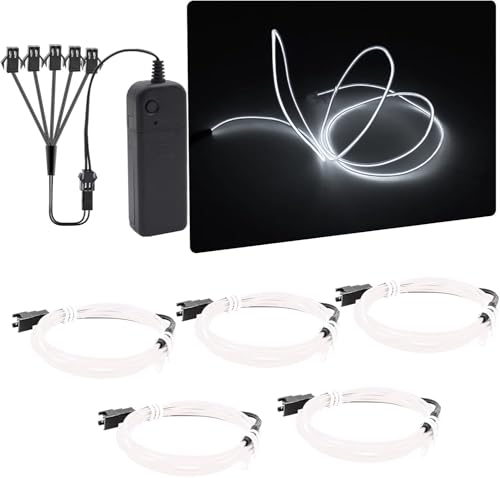 NWpangu EL Wire Strip Lights, 5 in 1(3.28Ft Each) Electroluminescent EL Wires with Battery Case for Holiday, Party, DIY Decoration, White(3 Operation Modes)