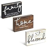 Alynsehom 3Pcs Rustic Wood Signs with Family Home Blessed Print Small Farmhouse Wood Decorative Table Shelves Decorations Sign Wood Work for Bedroom Living Room Kitchen Table Entryway Fireplace Decor