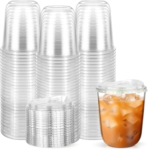 KAHEIGN 50Pcs Plastikbecher mit Deckel 12oz/360ml wiederverwendbare Plastik-Trinkbecher Smoothie Becher mit Deckel und Loch für Eiskaffee Cocktail Smoothie für Kaltgetränke Glühwein Party