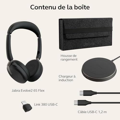 Jabra Evolve2 65 Flex UC Stereo Micro casque sur oreille Bluetooth sans fil Suppresseur de bruit actif USB C avec socle de recharge sans fil Optimisé pour la CU - vue 10