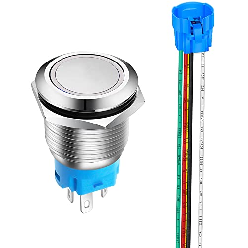 Gebildet 1 Piece 0.75 Inch/19mm Stainless Steel Momentary Push Button 12V-24V 5A LED 1NO1NC SPDT ON Off Waterproof with Wire Socket Plug(White LED)