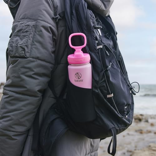 Image of Takeya Actives Kids Water Bottle 18 oz Stainless Steel Double Wall Insulation BPA-Free Leakproof Straw Lid Easy Carry Handle Reusable Ideal for Boys and Girls, School, Sports - Summer Glow Pink
