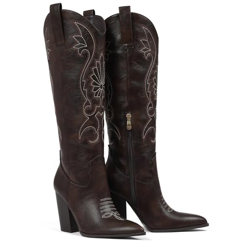 Image of VOMIRA Knee High Cowboy Boots for Women Pointed Toe Chunky High Heels Pull-on Embroidered Boots Western Boots Wide Calf Cowgirl Boots