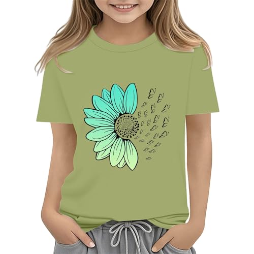 Girls Loose Fit Sunflower Graphic T Shirts Short Sleeve Crewneck Cute Pattern Printed Tops (I-Mint Green, 8-9 Years)