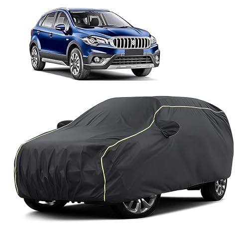 Image of Sulfar 100% Water Resistant Car Body Cover Compatible with Mirror for Maruti Suzuki SCross (Triple Stitched, Full Bottom Elastic, Dark Grey Taffeta with Yellow Piping)