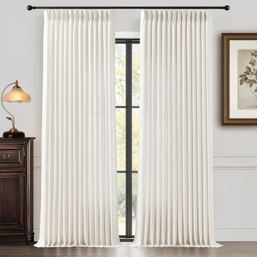 Pinch Pleated Linen Curtains 96 Inches Long for Living Room, Natural Light Filtering Pleat Drapes Textured Thick Floor to Ceiling Semi-Sheer Window Curtain with Hooks for Bedroom Farmhouse, 2 Panels