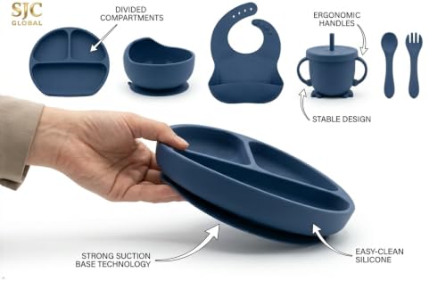 Image of SJC Global Silicone Baby Feeding Set Blue - 6 PCS Plate, Bowl, Spoon, Fork, Bib & Cup | Food‑Grade Silicone Tableware for Babies & Toddlers