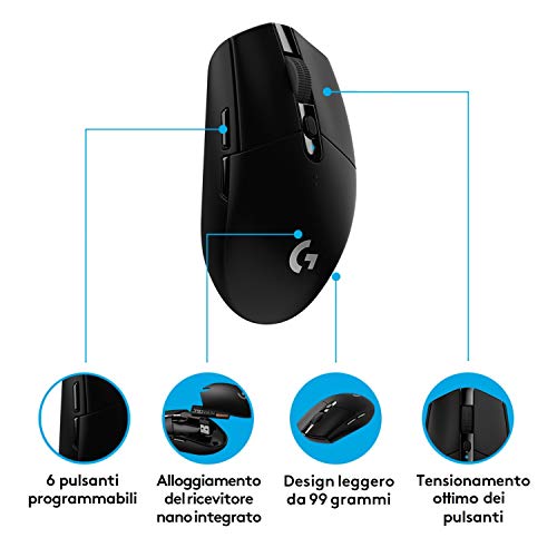 Logitech G305 LIGHTSPEED Mouse Gaming Wireless, Sensore 12K HERO, 12.000 DPI, Design Leggero, 6 Pulsanti Programmabili, Batteria 250 Ore, Memoria Integrata, PC/Laptop - Nero