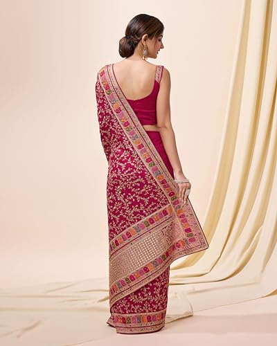 Image of TRENDMALLS Women's Vichitra Silk Heavy Embroidery With Siroski Stone Work Saree with Unstitch Blouse Piece For Women