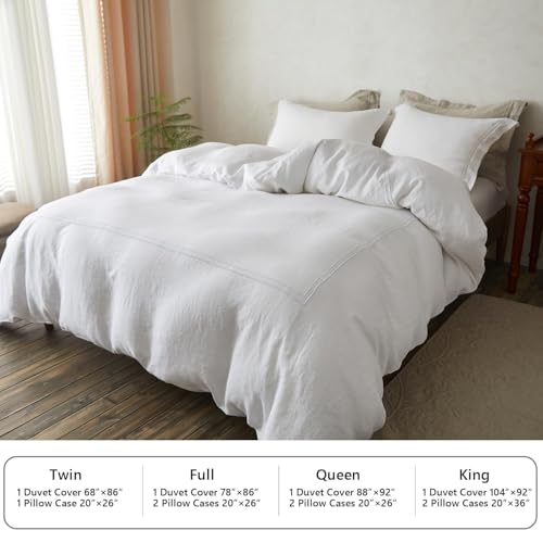 Lit simple sans repassage : parure de lit rustique blanche 100 % lin lavé doux