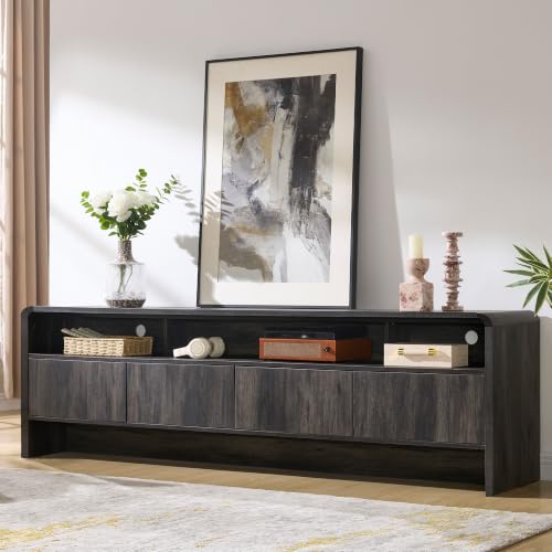Image of AMERLIFE 70 inch Modern TV Stand for TVs Up to 80 inch, Wood TV Console with Curved Profile Design & 2 Storage Cabinets, Media Console Entertainment Center for Living Room, Black